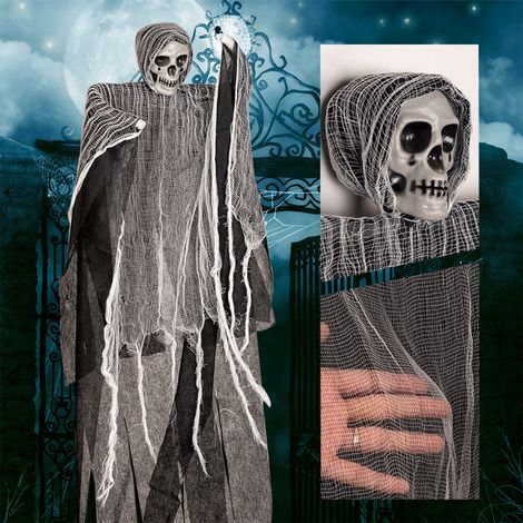 Squelette Suspendu Décoration Halloween - 90 x 52 cm - Avec Mandibule Mobile - En Plastique Et Tissu - Pour Porte Fenêtre Ou Mur - 1 Pièce (1/5)