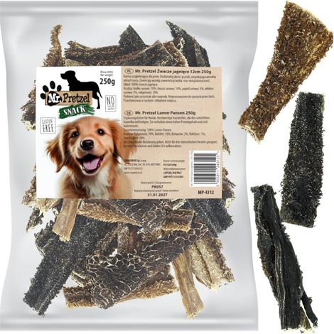 Eine Delikatesse, ein natürlicher Kausnack für Hunde: Mr. Pretzel Getrockneter Lammpansen 250 g