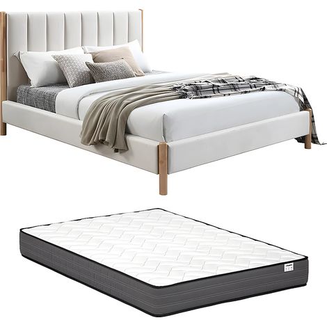 Letto 180 x 200 cm con testata letto impunture verticali Velluto Avorio + Materasso - SIZAMA (1/5)