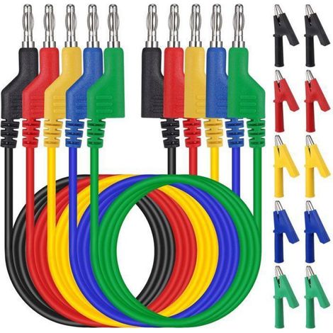 cordons de test pour multimètres, comprenant 10 pinces crocodiles, 1,05 mètre et 5 fiches bananes de 4 mm de couleur. (1/5)