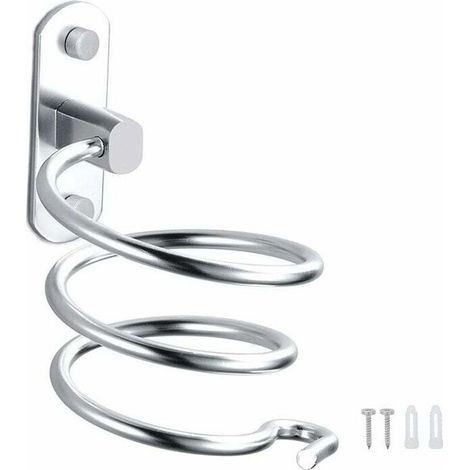 Wandmontierter Haartrocknerhalter aus Aluminium mit Kabelaufbewahrung, silberfarben, platzsparende Badezimmeraufbewahrung.