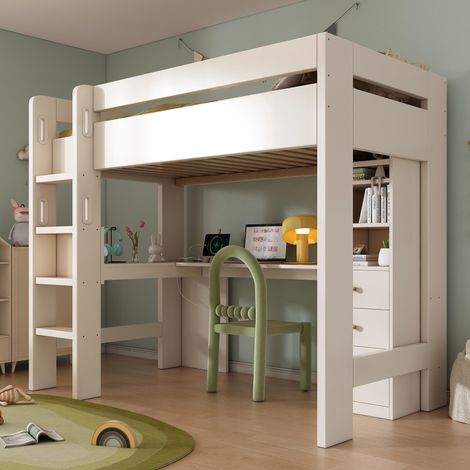 Lit superposé enfant avec bureau en forme de L, étagères et tiroirs avec zone de chargement USB/Type-C, lit simple pour jeune avec échelle et sommier à lattes en bois, 90×200cm, blanc, sans matelas.