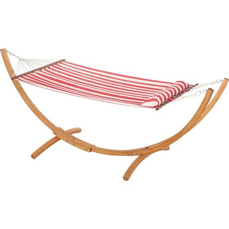 Hamac sur pied 1 place, hamac avec support en bois oreiller de tête, lit en coton, 310x118x120cm, rouge et blanche