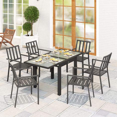 Table de jardin extensible avec plateau en verre et aluminium. 80-160 x 80 x 75 cm. Noir et transparent.