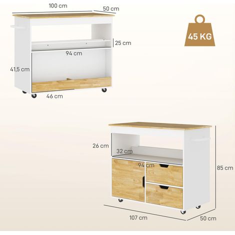 Chariot de cuisine, îlot de cuisine roulant, chariot de cuisine avec compartiments, placard et plan de travail, blanc (1/5)
