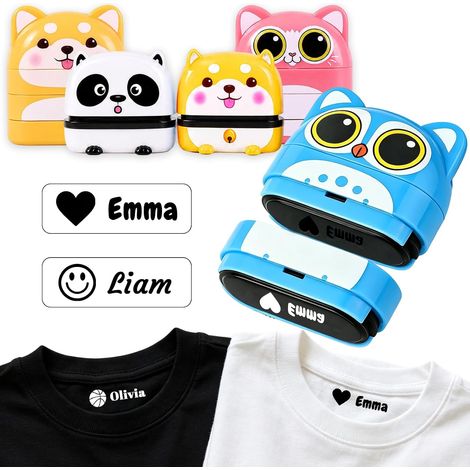 Sello personalizado para ropa infantil  Sello de tinta textil  Sello personalizable con nombre para ropa infantil  Sello textil de doble cara para colegio/guardería (blanco/negro) (1/5)