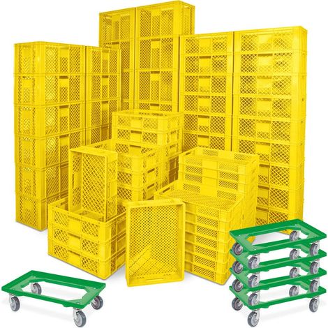BRB 78 Stück Stapelkörbe/Bäckerkästen in 5 Größen, Grundmaß LxB 600x400 mm, H 90 mm, 150 mm, 240 mm, 320 mm, 410 mm, + 5x Transportroller grün (gelb)