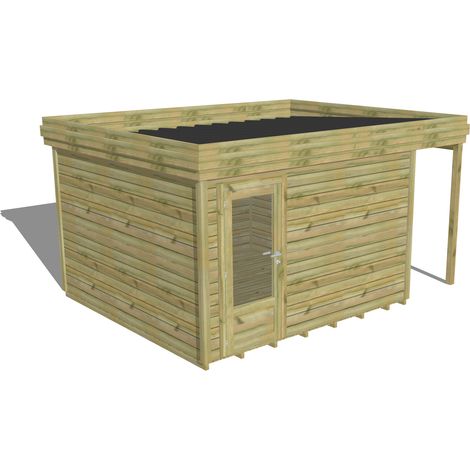 ABRI DE JARDIN bois Pin autoclave 27mm - 4,44x3,44m / 15,3m2 - Bac acier - Plancher bois