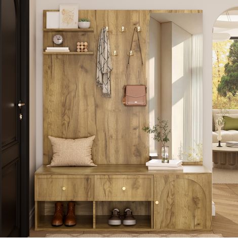 Guardaroba ingresso 120x35x159 cm in truciolare naturale con specchio salvaspazio – MEUBLIV (1/5)