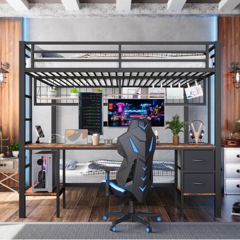 Hochbett 140x200 cm modern aus Metall und MDF schwarz mit Schreibtisch, Schubladen, Regalen und USB-LED (1/5)