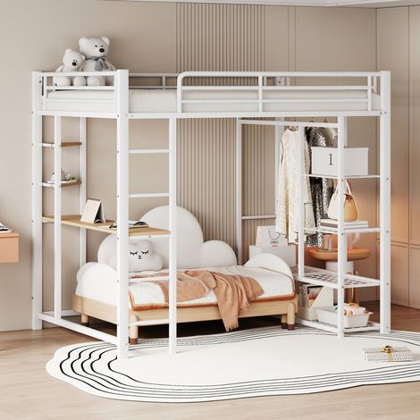 Cama alta de metal blanca 140x200 cm con escritorio, estanterías y perchero integrado (1/5)