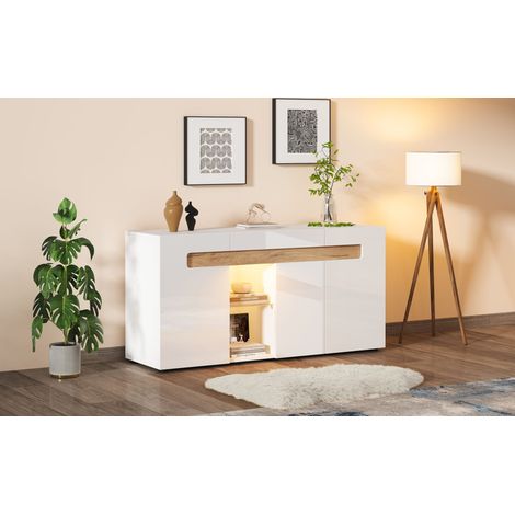 Meuble de salon moderne à trois compartiments. Commande par appareil mobile. Meuble de salle à manger avec dimensions de 140x40x70 cm. Finition brillante. Couleur blanche, avec un plancher en verre. M (1/5)