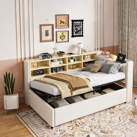 Cadre de lit beige en velours 214,5 x 100,5 x 81 cm (1/5)