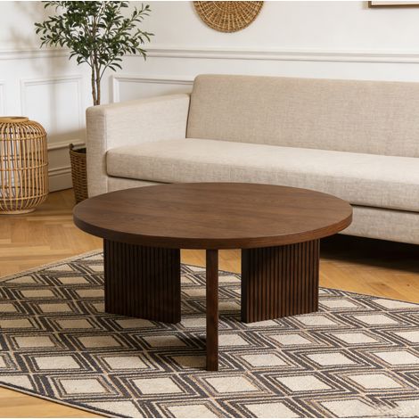 Runder Couchtisch mit Geriffelten Beinen und Glatter Oberfläche für Wohn- und Schlafzimmer aus MDF in Walnussbraun (1/5)