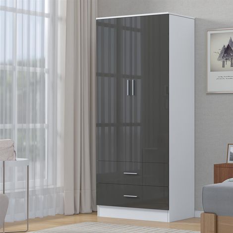 Reflect 2 Door 2 Drawer Combi Plain Wardrobe - Grey Gloss & Matt White - Hanging Rails, Drawers & Shelf