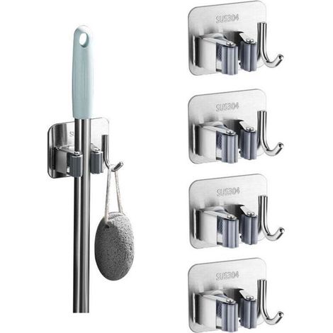 5-teiliger Wandbesenhalter, Wandbesenhalter ohne Bohren, selbstklebender Wandbesenhalter mit Haken, Besenorganizer aus Edelstahl, Wandwerkzeughalter für Küche, Garage, Garten und Badezimmer