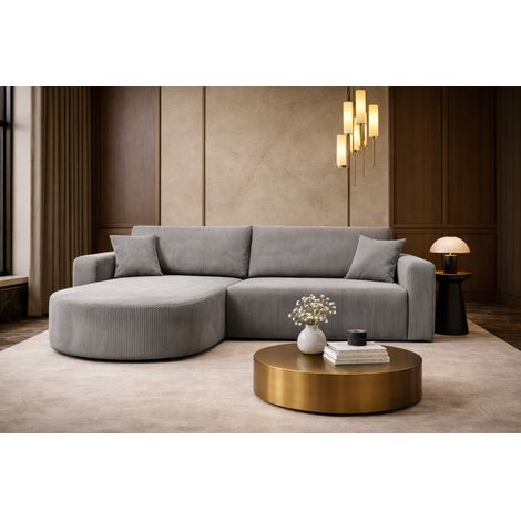 Canapé d’angle XL réversible et convertible BOSS – Velours côtelé gris avec coffre de rangement