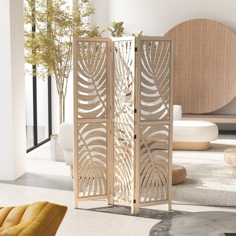 Dreiteiliger, faltbarer und teilbarer Raumteiler aus Holz, Blattdesign, 120 x 170 cm, Holzfarbe
