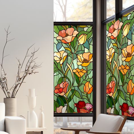 Sticker mural électrostatique fleurs typiques effet vitrail 150 cm x 67,5 cm – Film pour vitres – Installation rapide en 5 minutes – Plage (1/5)