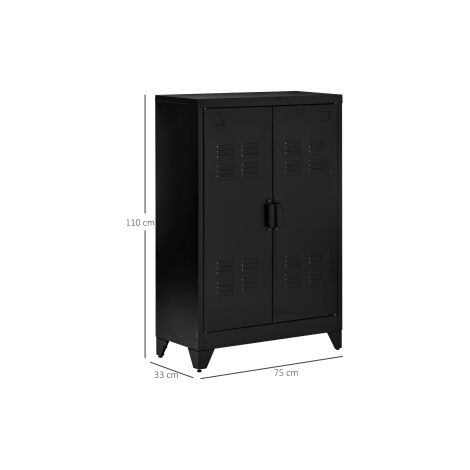 Armoire de rangement noire 75 x 33 x 110 cm avec portes à lamelles et étagères intérieures pour bureau, salon et entrée (1/5)