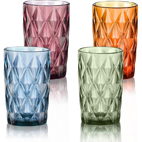 Lot de 4 verres à eau multicolores - 400 ml - Vintage - En verre avec design gaufré - Verres à jus de fruits - Verres de cuisine - Passe au lave-vaisselle (1/5)