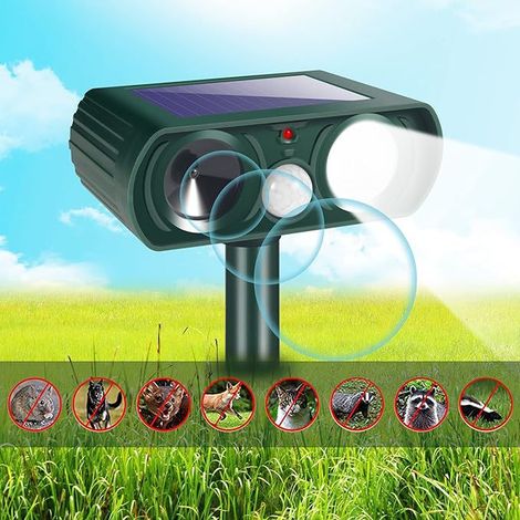 Repelente solar ultrasónico para animales, con sensor de movimiento y luz intermitente para gatos, perros, coyotes, pájaros, zorrillos, serpientes, mapaches, conejos y ardillas (1 unidad)