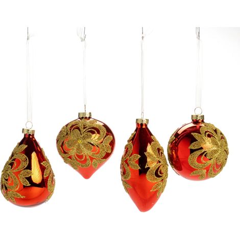 Pallina in vetro colore rosso con fiore per albero di Natale, set da 4 pezzi