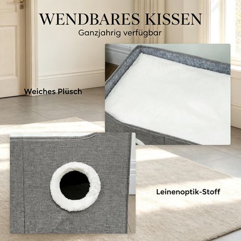 Tanière chat pliable intérieur, maison chat avec griffoir, lit surélevé, entrées multiples, jouet suspendu & coussin réversible (1 pièce chatnière) (1/5)