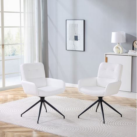 Sillas de comedor giratorias de 2 piezas, 85 cm, PU blanco y metal negro, modernas FloraGrace (1/5)