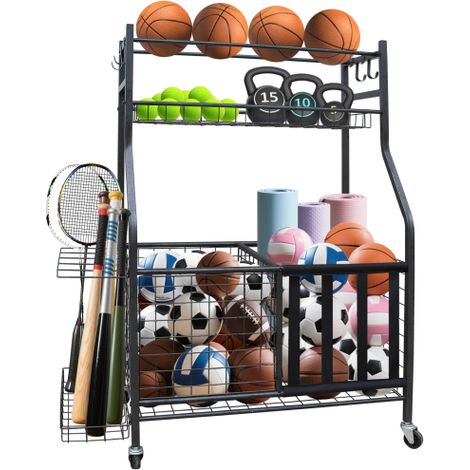 Organisateur d'équipement sportif pour garage, support de rangement pour ballons de grande capacité, chariot à roulettes pour ballons (intérieur et extérieur)