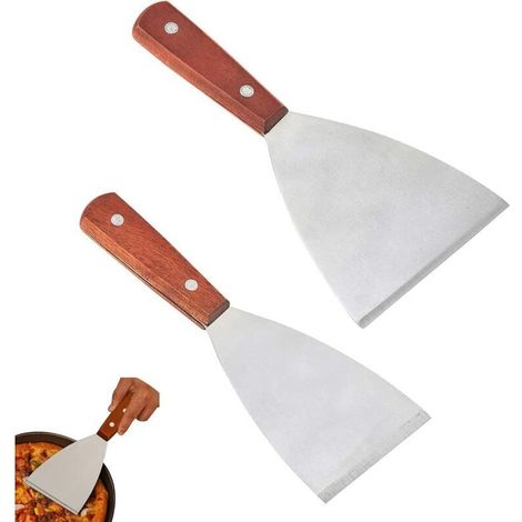 Spatule - Acier Inoxydable Épais - Manche En Bois - Pour Grill Barbecue Teppanyaki - 2 Pièces (1/3)