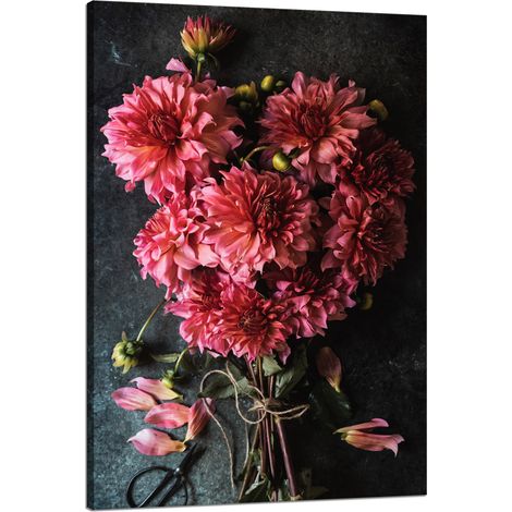 Lienzo con estampado botánico: Ramo de dalias, 80x120 cm.