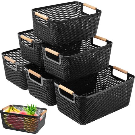 Lot de 6 boîtes de rangement 3 grandes 35 x 22,5 x 16,2 cm + 3 moyennes 30 x 20,4 x 14,2 cm Panier de rangement cuisine sans couvercle en plastique respirant avec poignées en bois (1/5)