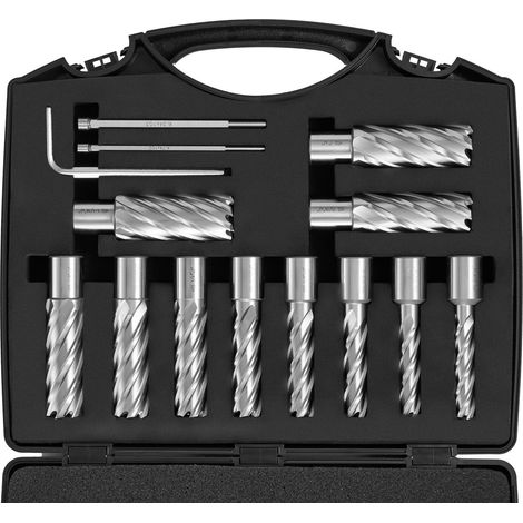 13-teiliger Ringfräsersatz, Weldon-Schaft, 5,1 cm Tiefe, 1,1-2,7 cm Durchmesser, HSS M2AL, mit 2 Zentrierspitzen, Innensechskantschlüssel und Koffer, für Magnetbohrmaschine. (1/5)