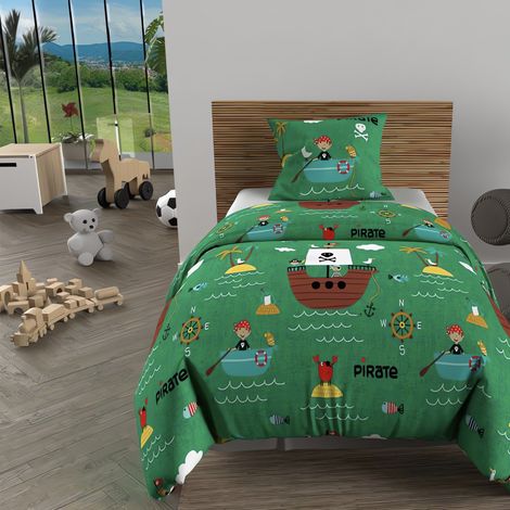Soleil D Ocre – Parure de lit enfant housse de couette 140x200 cm – 100% coton 57 fils/cm2 – Imprimé pirates vert – Entretien facile (1/5)