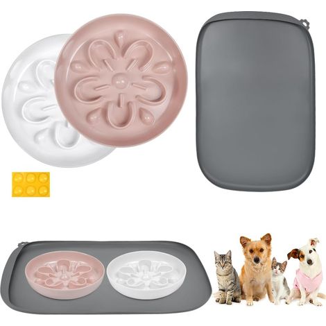 Juego de 2 comederos de alimentación lenta para gatos y perros pequeños, comederos antivómito, platos planos, con alfombrilla de silicona y 6 almohadillas antideslizantes. (1/5)