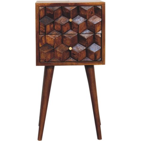 Petite table de chevet cube en bois massif, finition châtaigne, 2 tiroirs, marron foncé