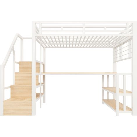 Cama alta 140 x 200 cm de metal blanco con escritorio, almacenamiento, LED y puertos USB (1/5)