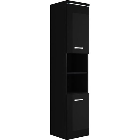 Badplaats – Colonne de salle de bain suspendue 160 cm – Noir brillant – 2 portes à ouverture gauche ou droite – 2 niches ouvertes – Kit de fixation inclus