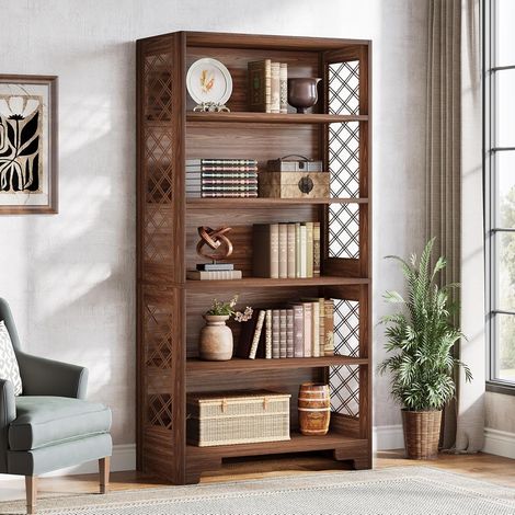 Tribesigns Bücherregal, 180cm hohes Vintage- Standregal, 6-stöckiges Bücherregal Holz,mit offenen Ausstellungsböden, für Wohnzimmer, Heimbüro, Industrie-Design, vintagebraun (1/5)