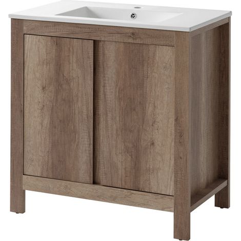 Waschtisch 81 cm mit Keramik Waschbecken, Country Eiche Nb. MOSINA-56, B x H x T ca. 81 x 80,8 x 46 cm (1/4)