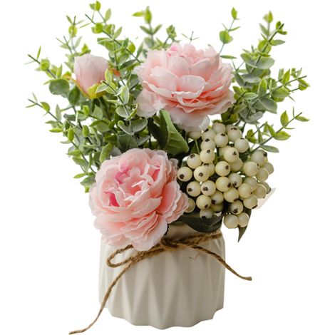 1 Composition florale artificielle, Hortensias, Eucalyptus, Baies, Vase en céramique, Décoration intérieure (1/5)