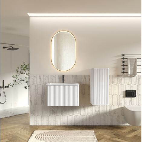 Badmöbel mit Waschbecken 60 cm, ovalem LED-Spiegel und Hochschrank, Weiß HAVRYA (1/5)