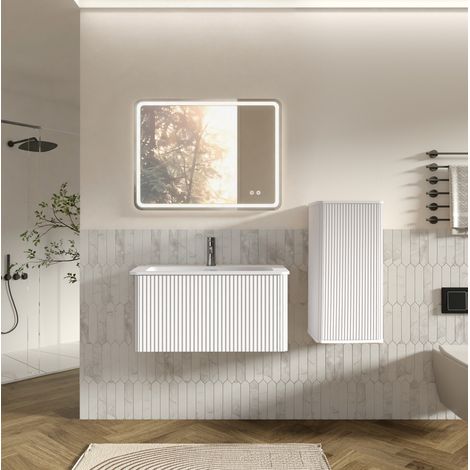 Set mobile bagno con lavabo e specchio LED, 60 cm, pensile laterale, bianco OKMYHOME (1/5)