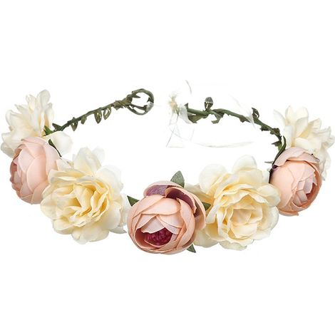 Couronne De Fleurs - Diamètre 18 Cm - Ruban Réglable À L’arrière - Pour Femme Et Enfant - Rose Et Camélia Artificiels - 1 Pièce (1/5)