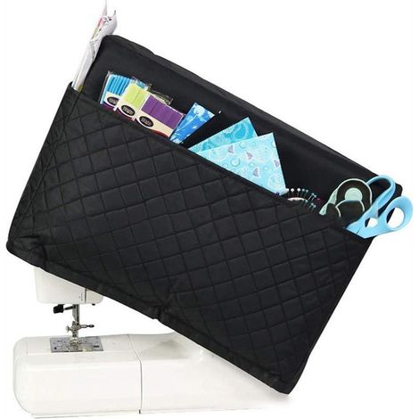 Housse de protection pour machine à coudre, compatible avec les marques Singer et Brother, avec poches pour accessoires, matelassée noire. (1/5)