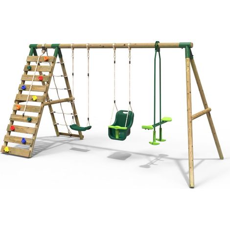 Rebo Wooden Swing Set with Up and Over Climbing Wall - Sienna Green (1/5)