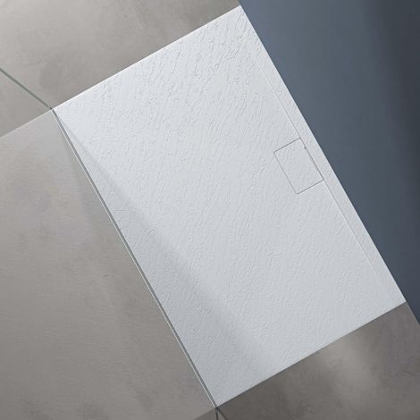 doporro Duschtasse Duschwanne 90x140x3 flach Mineralguss in Weiß inkl. Ablaufgarnitur AL06 DIN-Anschlüsse für bodenebene Montage geeignet Geoma07