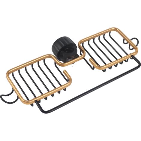Estantería de 2 niveles fabricada en aluminio y plástico con soporte para toallas de esponja y paño, color negro y dorado, fácil montaje sin herramientas, ideal para cocina y baño. (1/5)