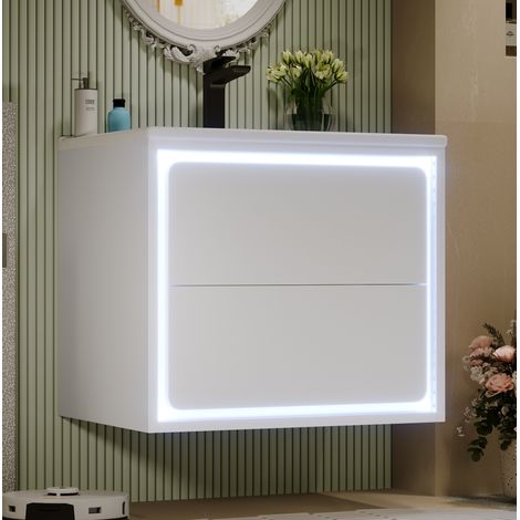 Mueble de baño suspendido 60 x 46 x 50 cm con sensor radar LED, 2 cajones, blanco HAVRYA (1/5)